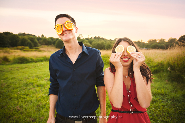 a citrusy picnic themed engagement session in Deer Lake Park by Vancouver wedding photographers www.lovetreephotography.ca