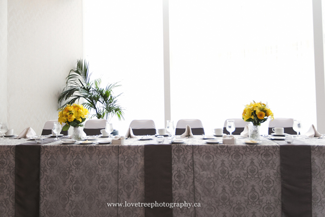 grey and yellow head table decor ; image by vancouver wedding photographers www.lovetreephotography.ca