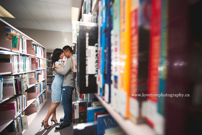 in the library for a cute richmond engagement session; image by vancouver wedding photographer www.lovetreephotography.ca