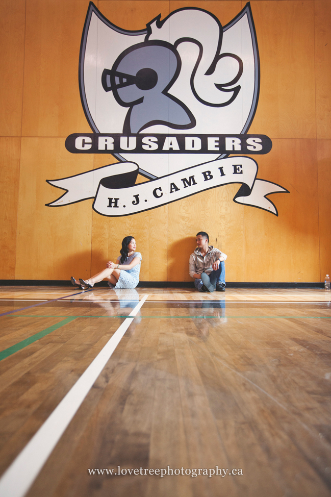 high school gymnasium, H.J. Cambie Crusaders, ; image by vancouver wedding photographer www.lovetreephotography.ca