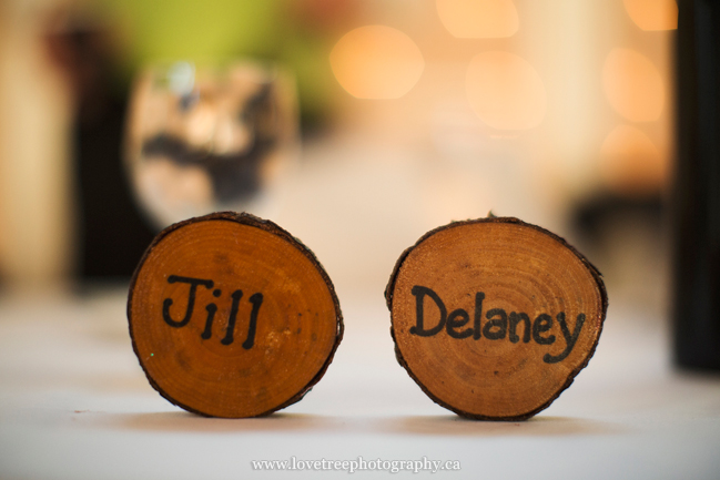 wooden seat names for a rustic forest wedding | image by www.lovetreephotography.ca