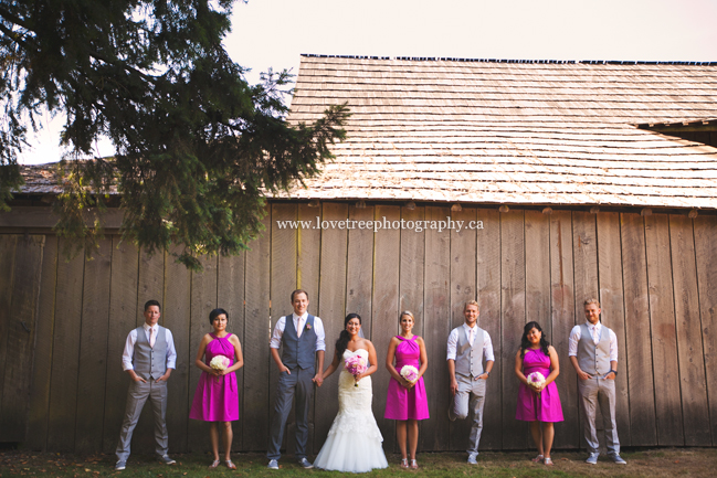 Morgan Creek wedding party in magenta and grey | image by rustic wedding photographer www.lovetreephotography.ca